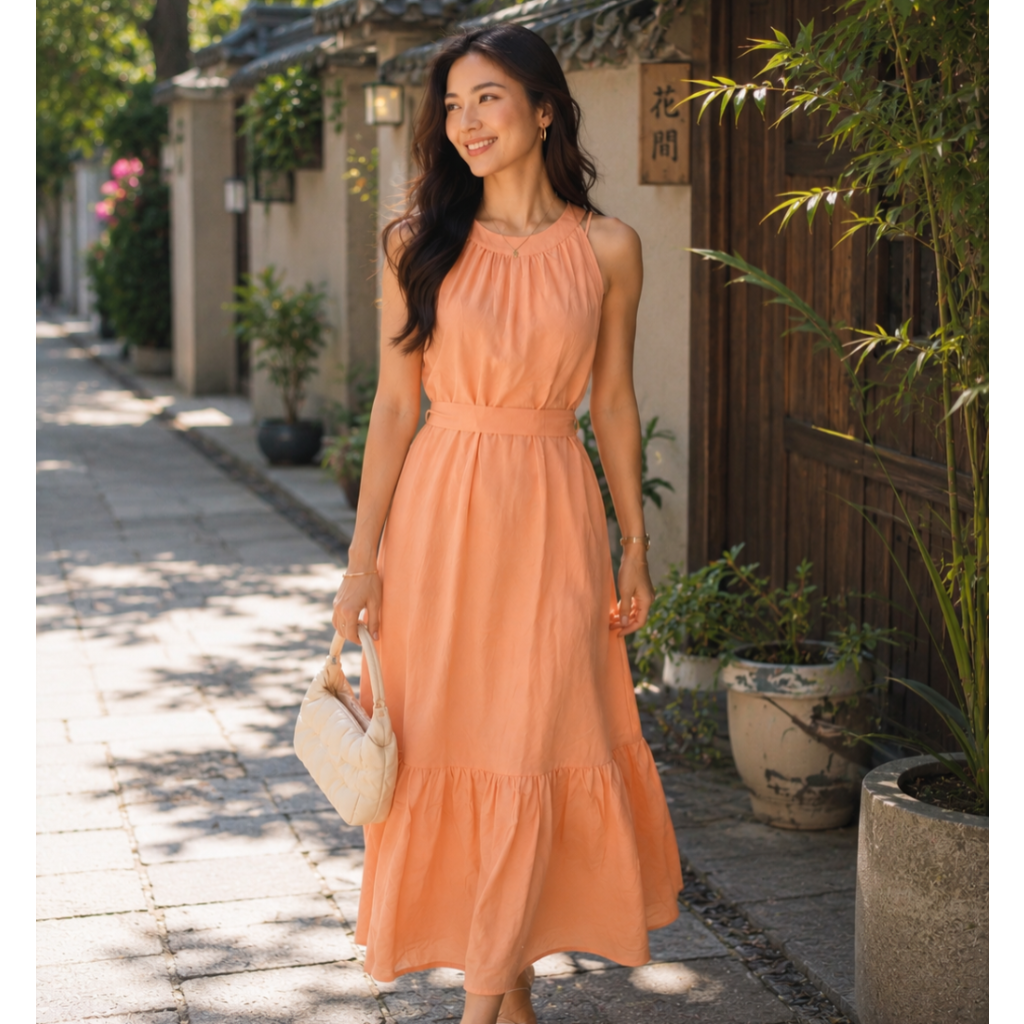 A woman wearing a sleeveless peach-orange tiered midi dress walks down a sunlit stone pathway beside traditional buildings and potted plants, holding a cream handbag.
