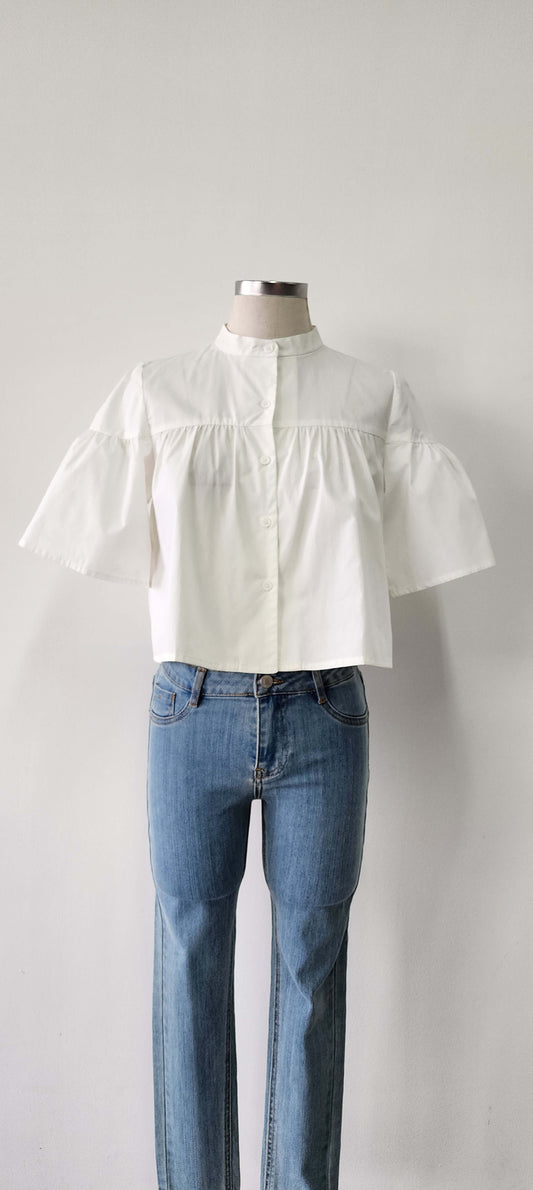 Mandarin Collar Baby Doll Blouse in White