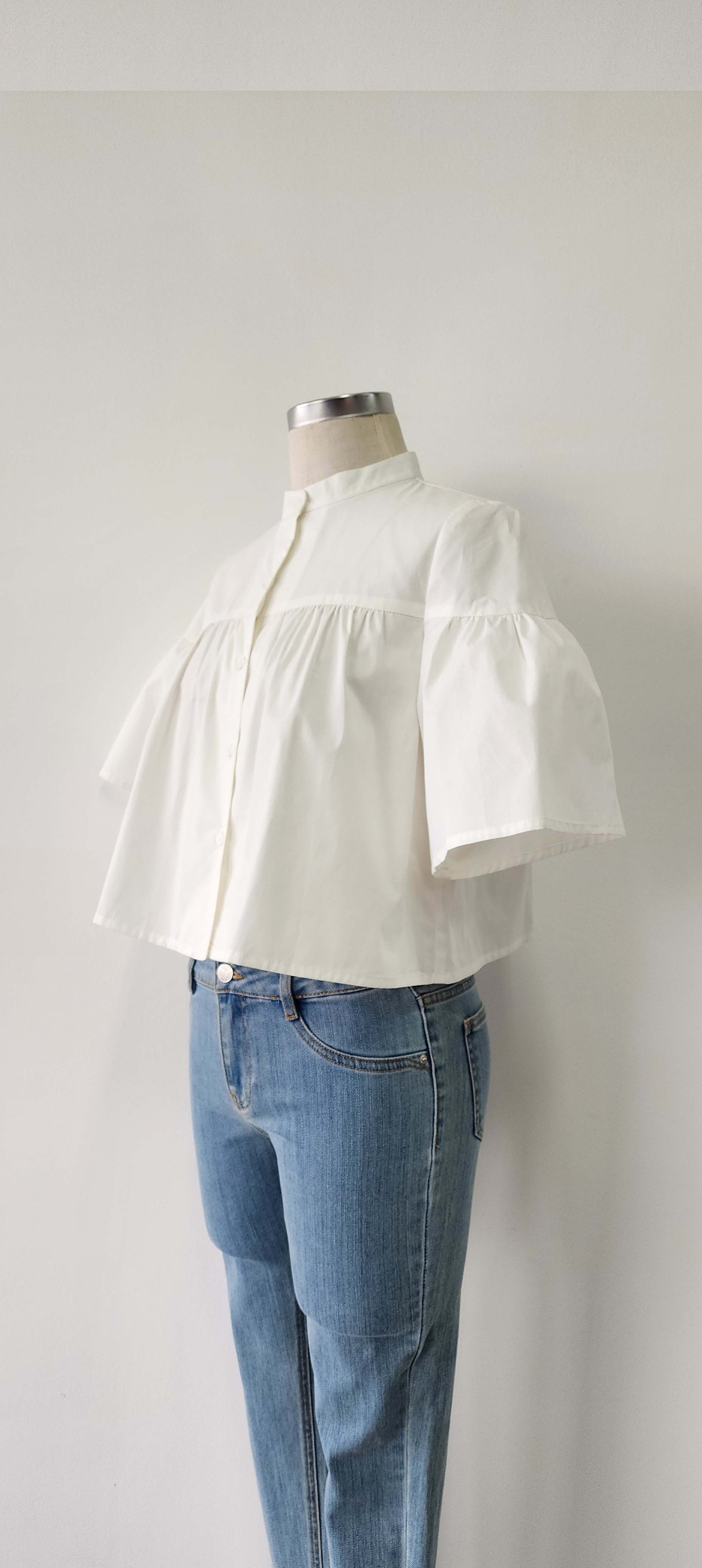 Mandarin Collar Baby Doll Blouse in White