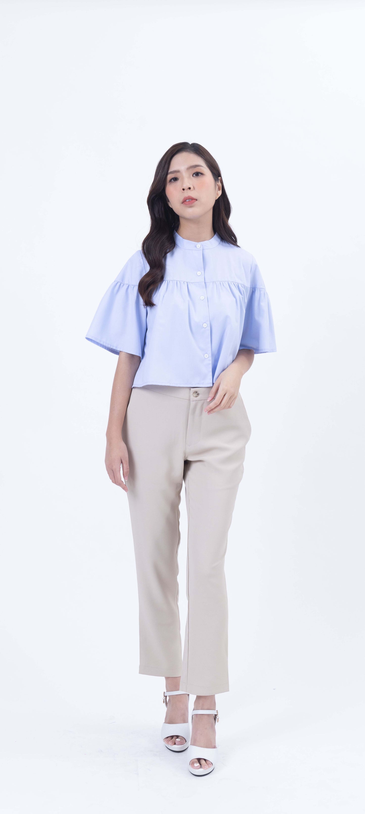 Honeypot Frill Trim Mandarin Collar Blouse in Baby Blue