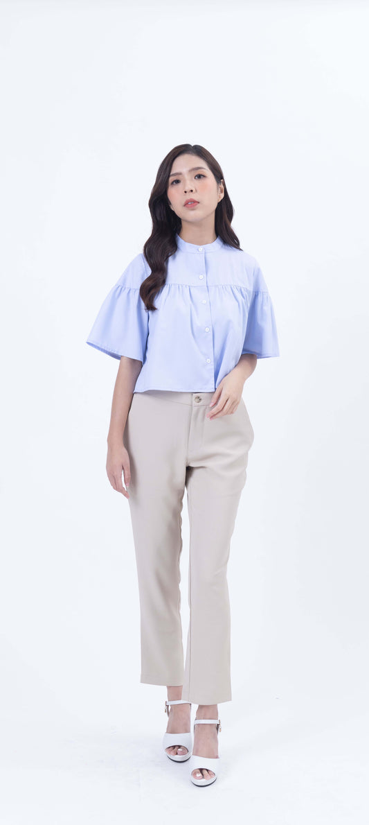 Honeypot Frill Trim Mandarin Collar Blouse in Baby Blue