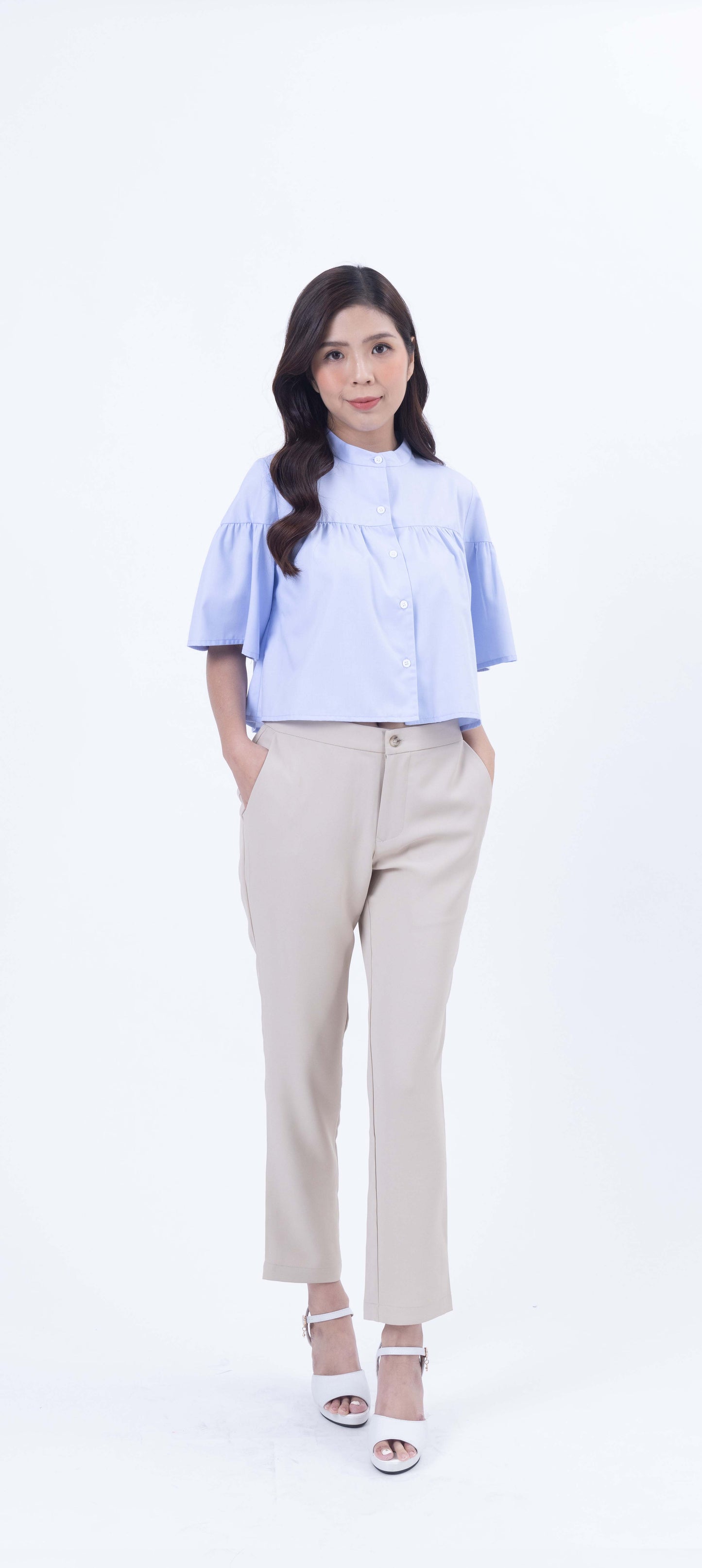 Honeypot Frill Trim Mandarin Collar Blouse in Baby Blue