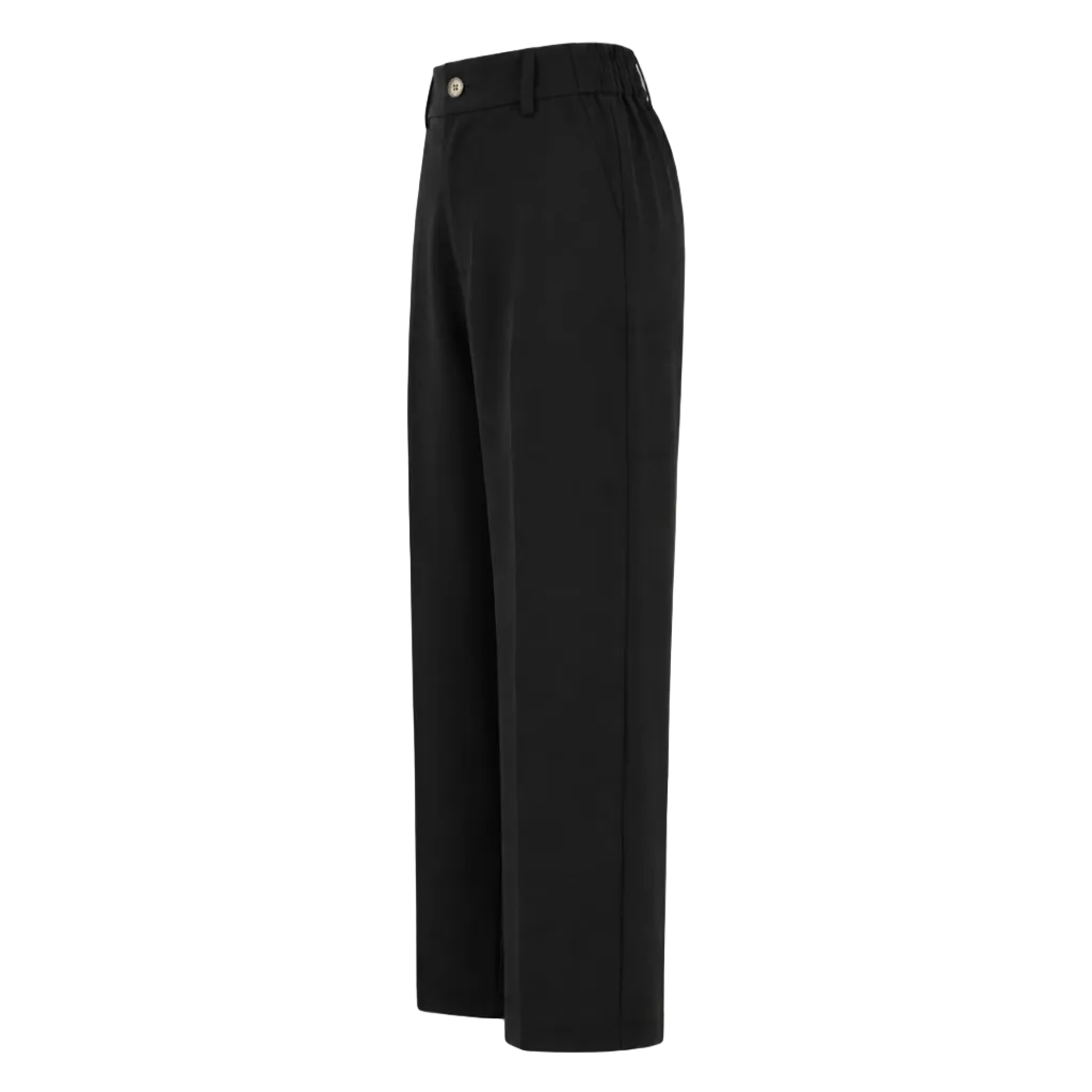 Black wide-leg cropped trousers shown from a side profile view on a clean white background.