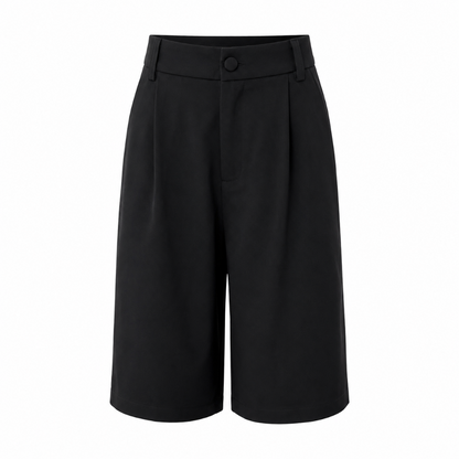 Black wide-leg cropped shorts with a button closure at the waistband, shown on a plain white background.
