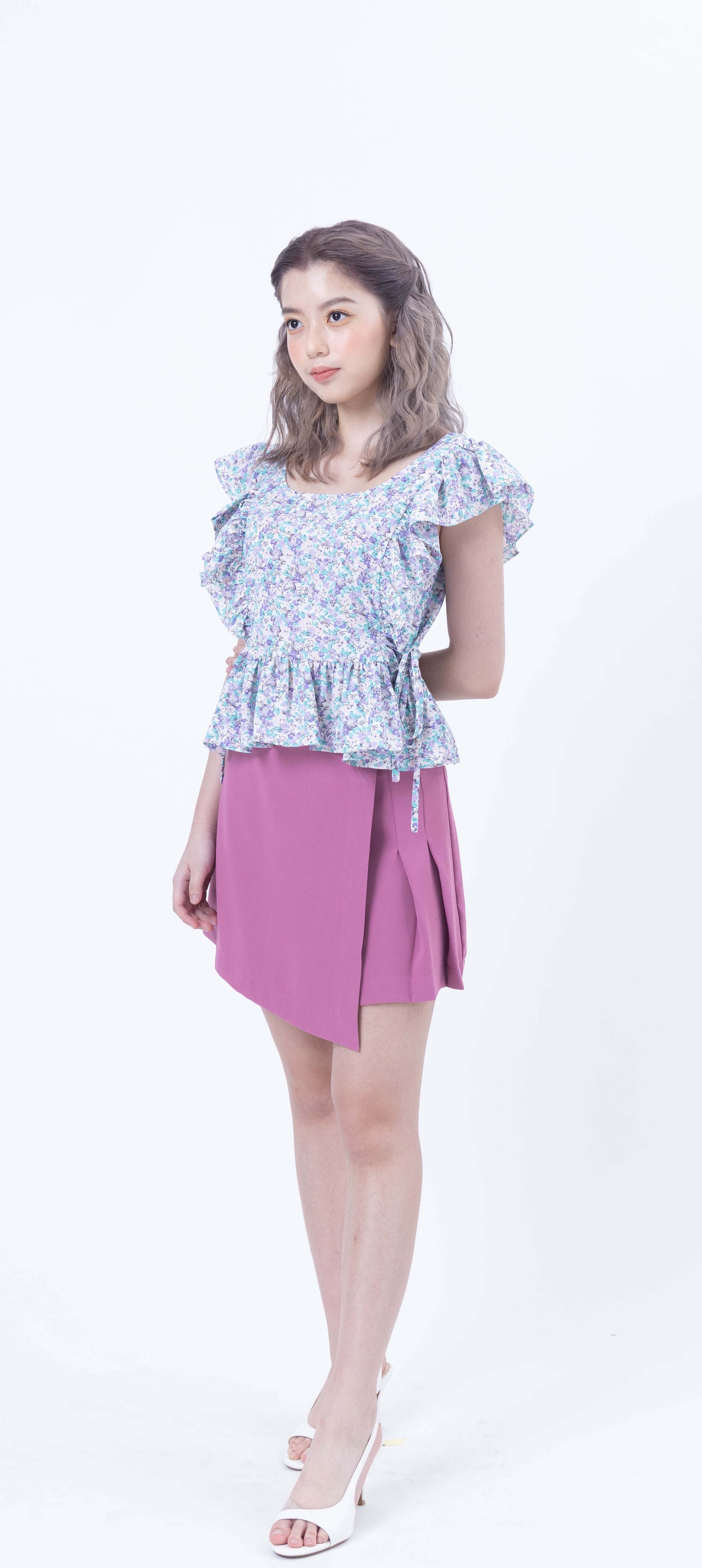 Floral Print Ruffle with Drawstring Blouse