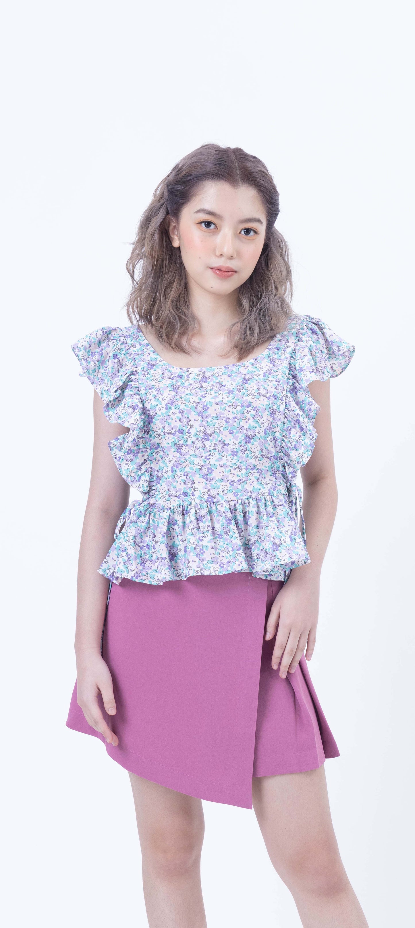 Floral Print Ruffle with Drawstring Blouse