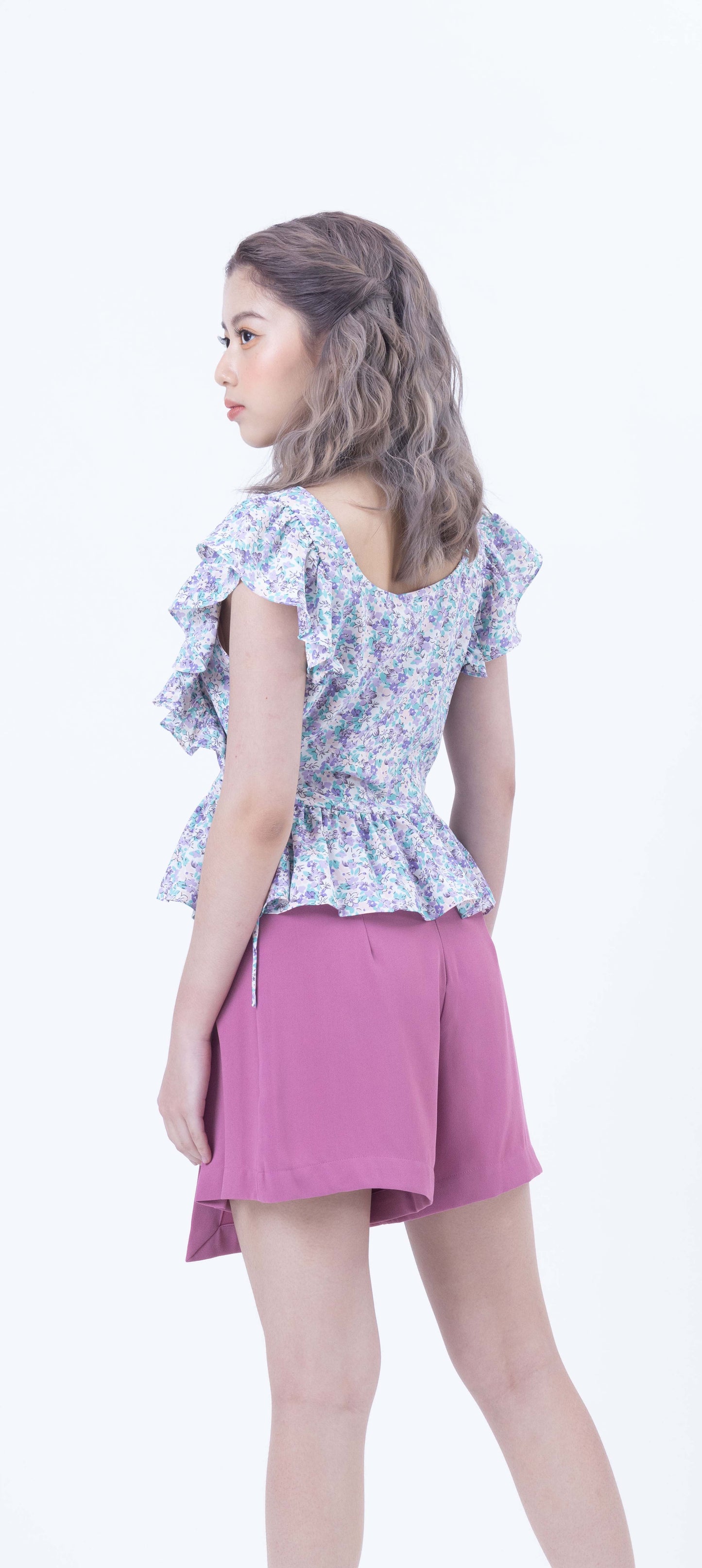 Floral Print Ruffle with Drawstring Blouse