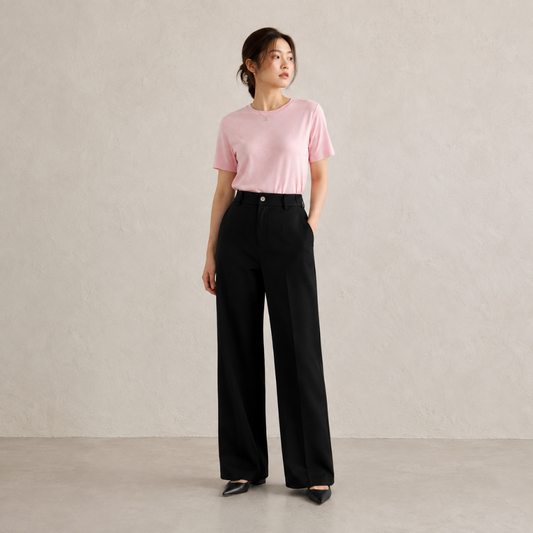 Black wide-leg long pants with back elastic waistband