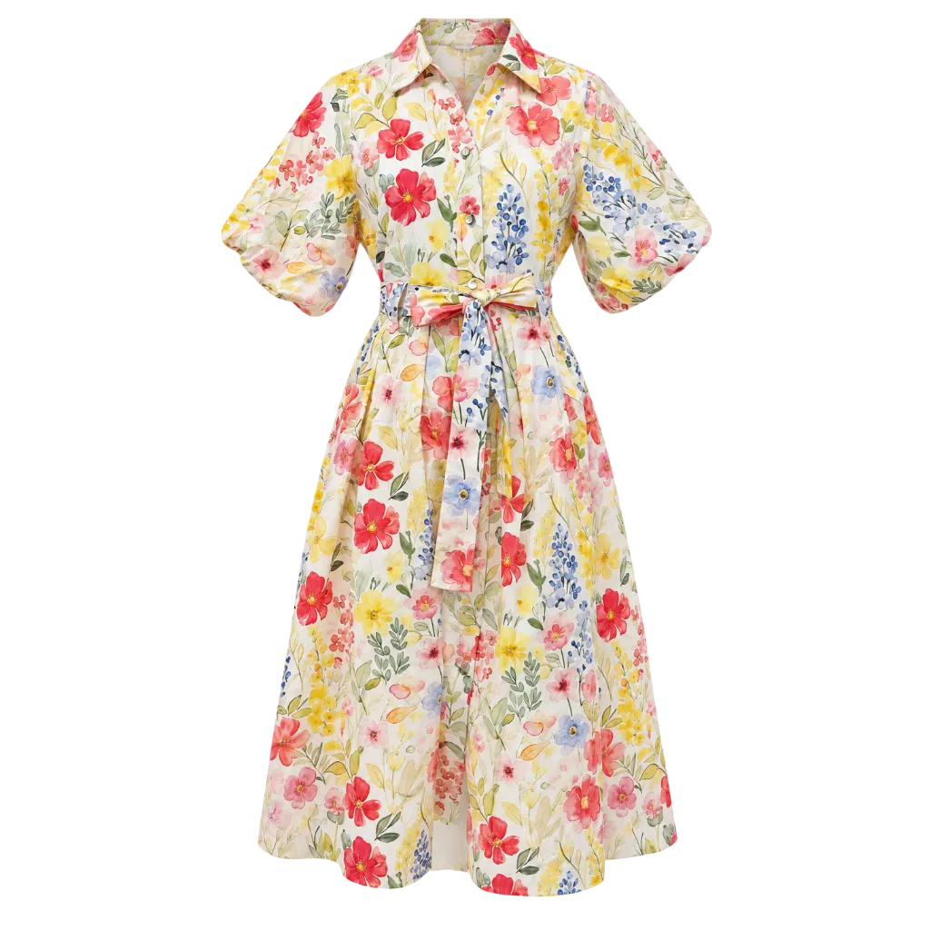 Puff Sleeve Meadow Bloom Shirt Dress
