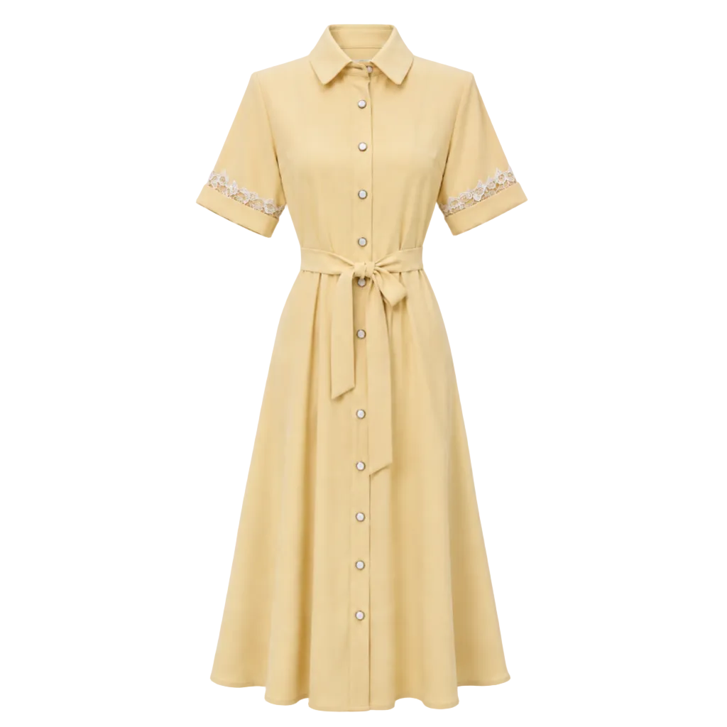 A pale yellow short-sleeve collared dress with a button front, matching fabric tie belt at the waist, and white floral lace trim on the sleeves, shown on a plain white background.