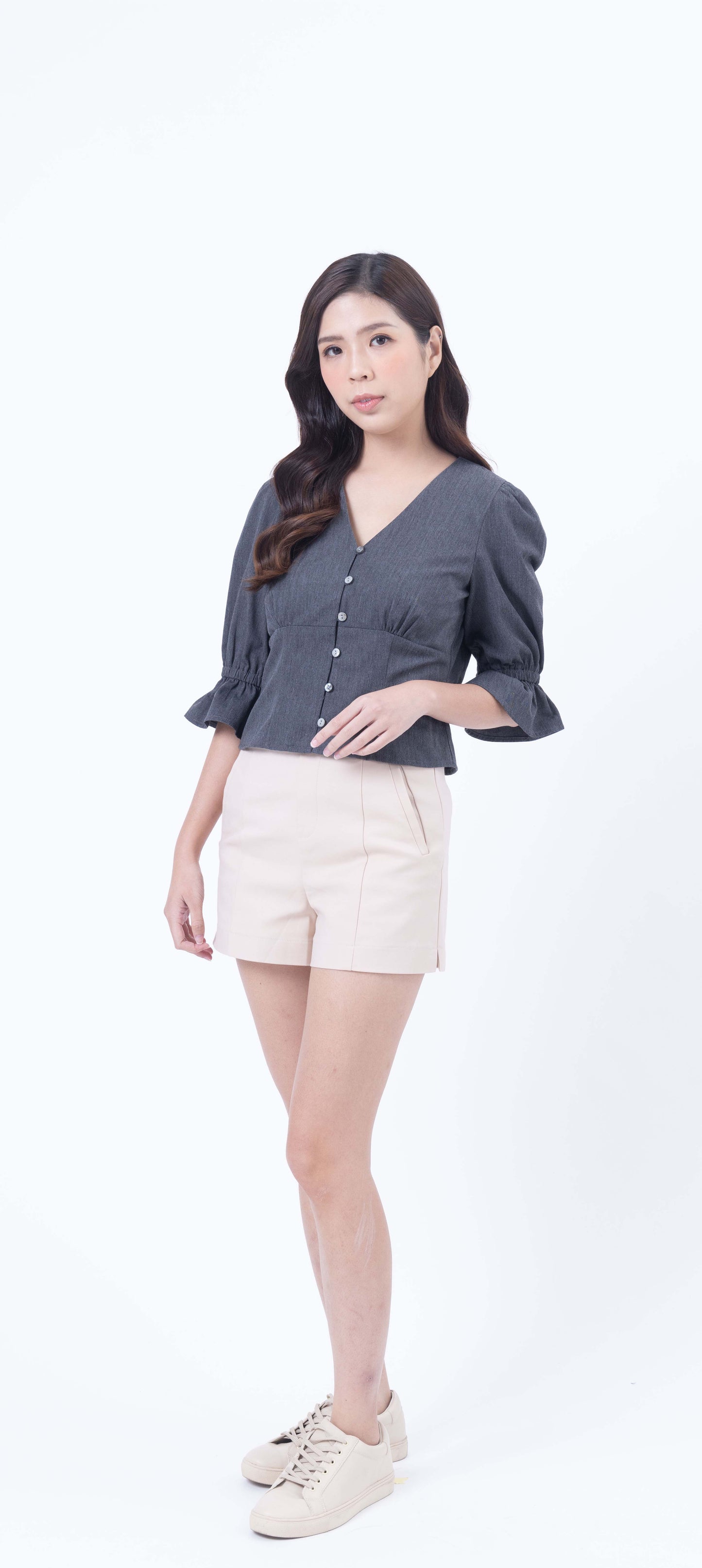 Peplum Button Down with Elastic Sleeve Top