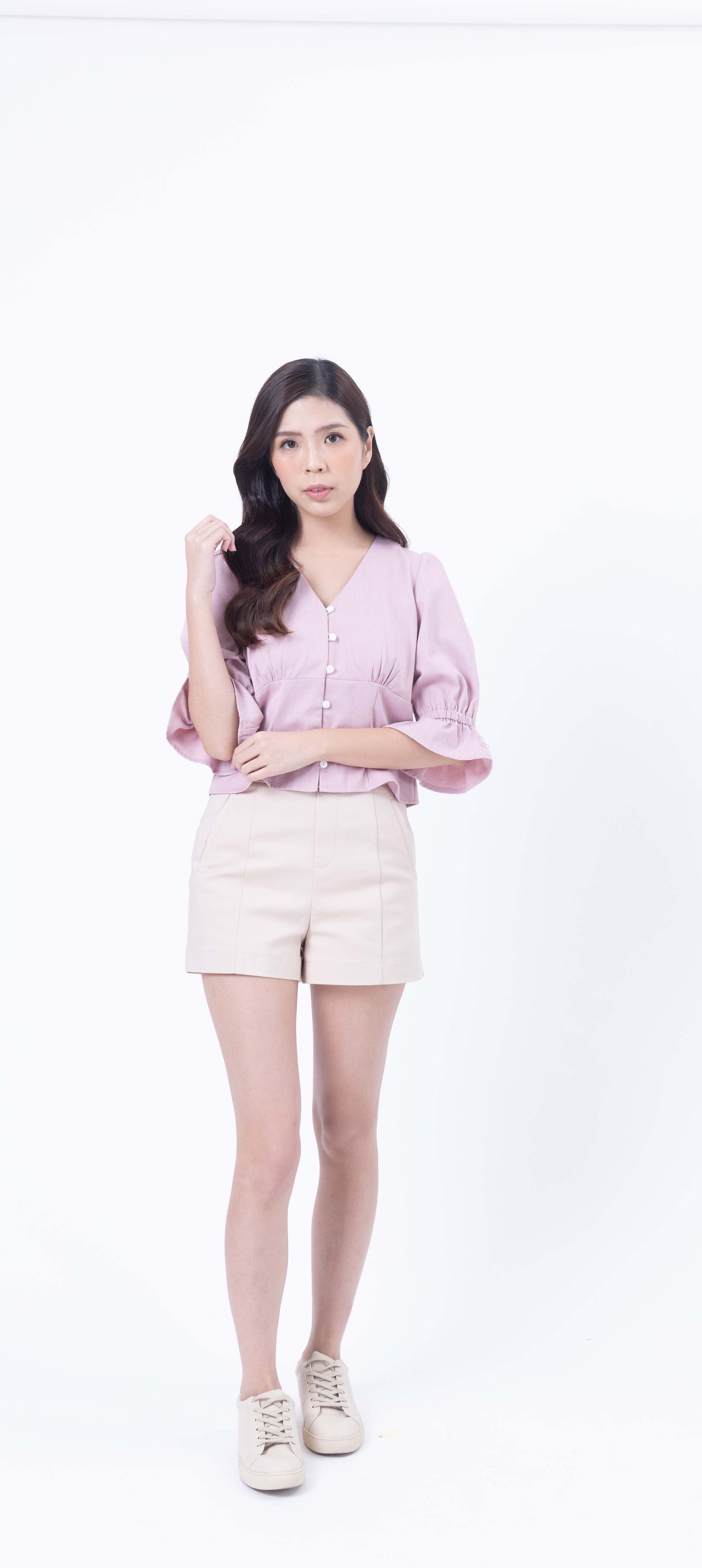 Peplum Button Down with Elastic Sleeve Top