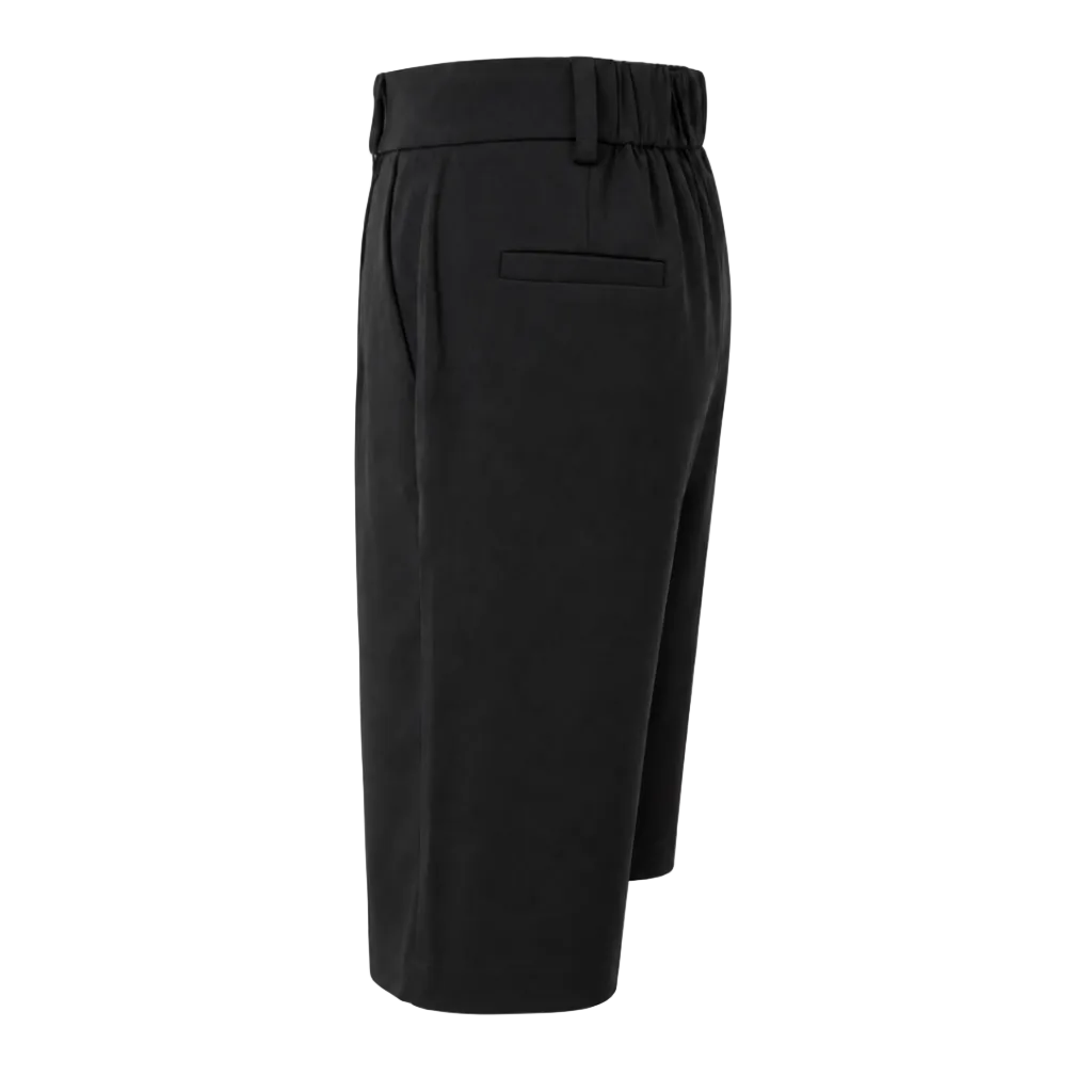 Black high-waisted cropped trousers with an elastic waistband and a welt pocket on the back right side, shown against a plain white background.