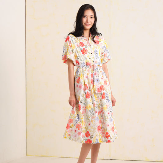 Puff Sleeve Meadow Bloom Shirt Dress