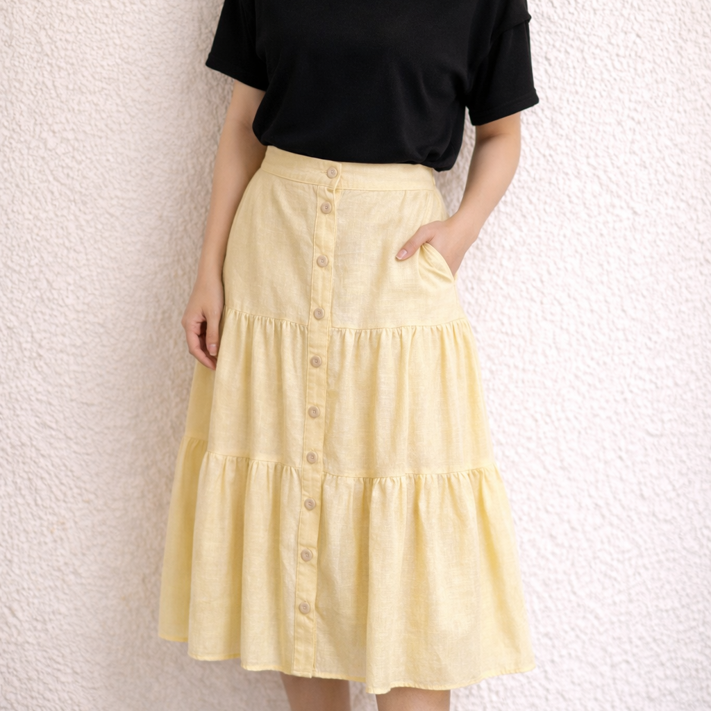 Woman wearing a black top and yellow skirt against a light background