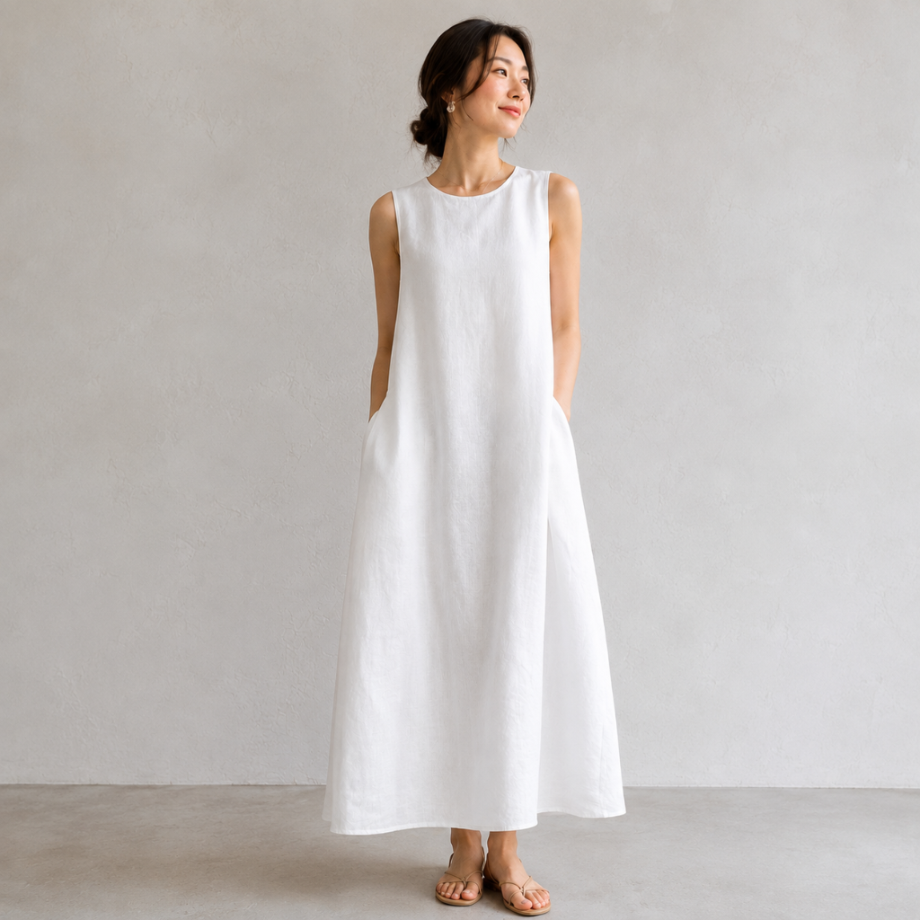 A woman wearing a sleeveless white linen maxi dress with side pockets, standing against a neutral gray textured wall.