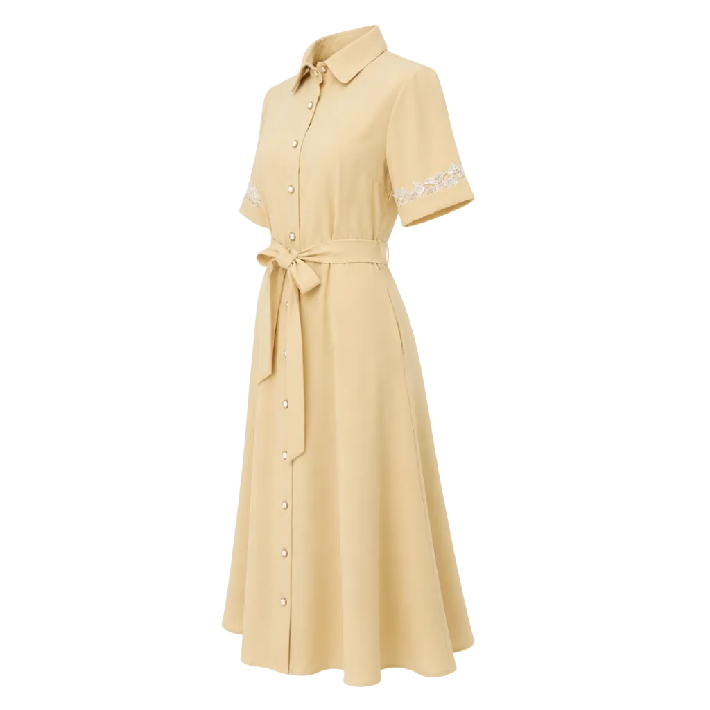 A light beige short-sleeve collared dress with a button front, matching waist tie belt, and white lace trim on the sleeves, shown on a plain white background.