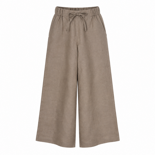 A pair of wide-leg cropped pants in a textured taupe fabric, featuring an elastic waistband with a matching drawstring, shown against a plain white background.
