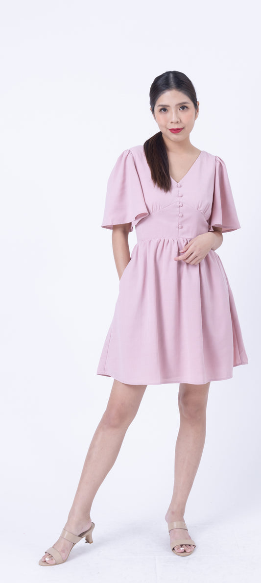 Piping Button Down Side Pockets Dress