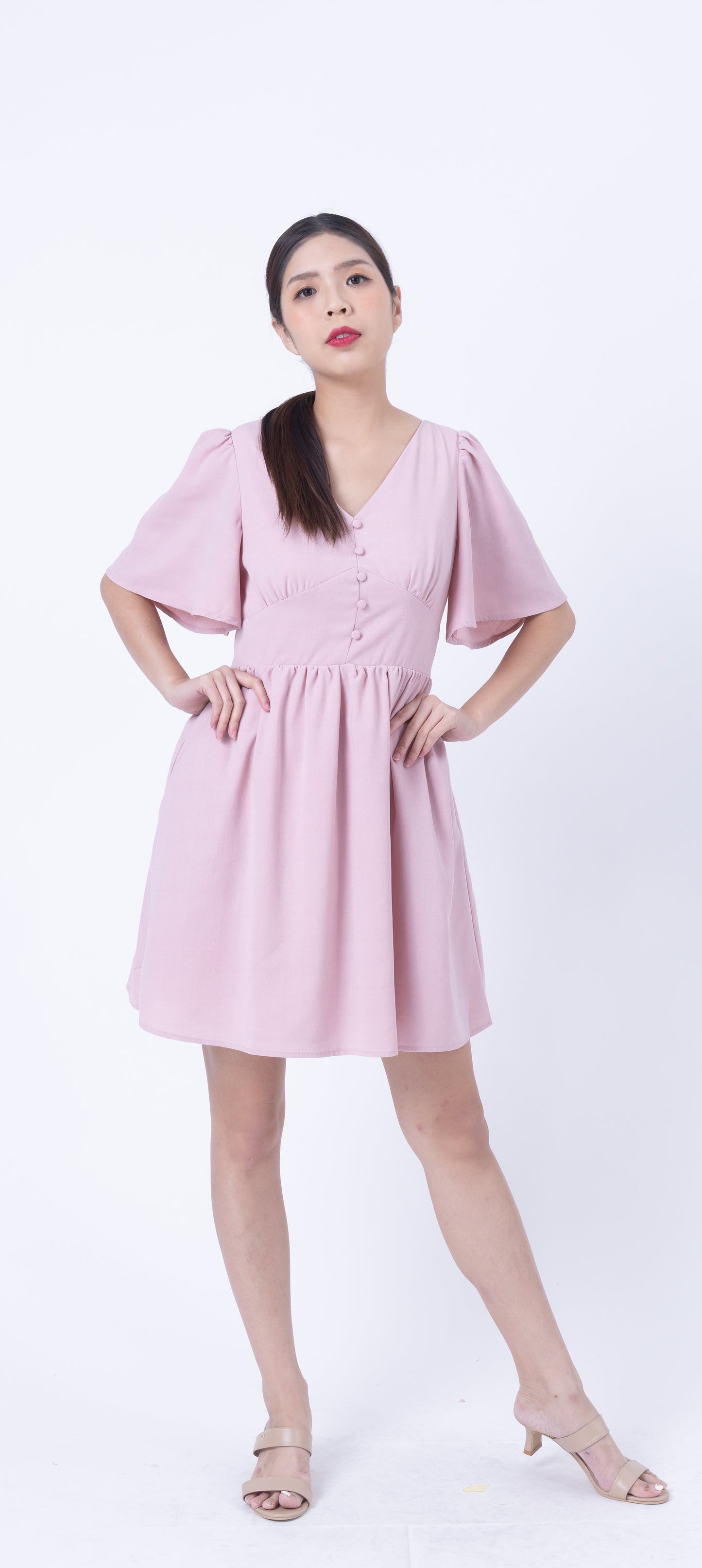 Piping Button Down Side Pockets Dress